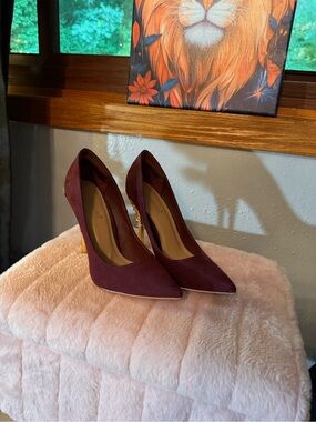 Shoe Dazzle Wine Pointed-Toe Pumps with Gold Stiletto